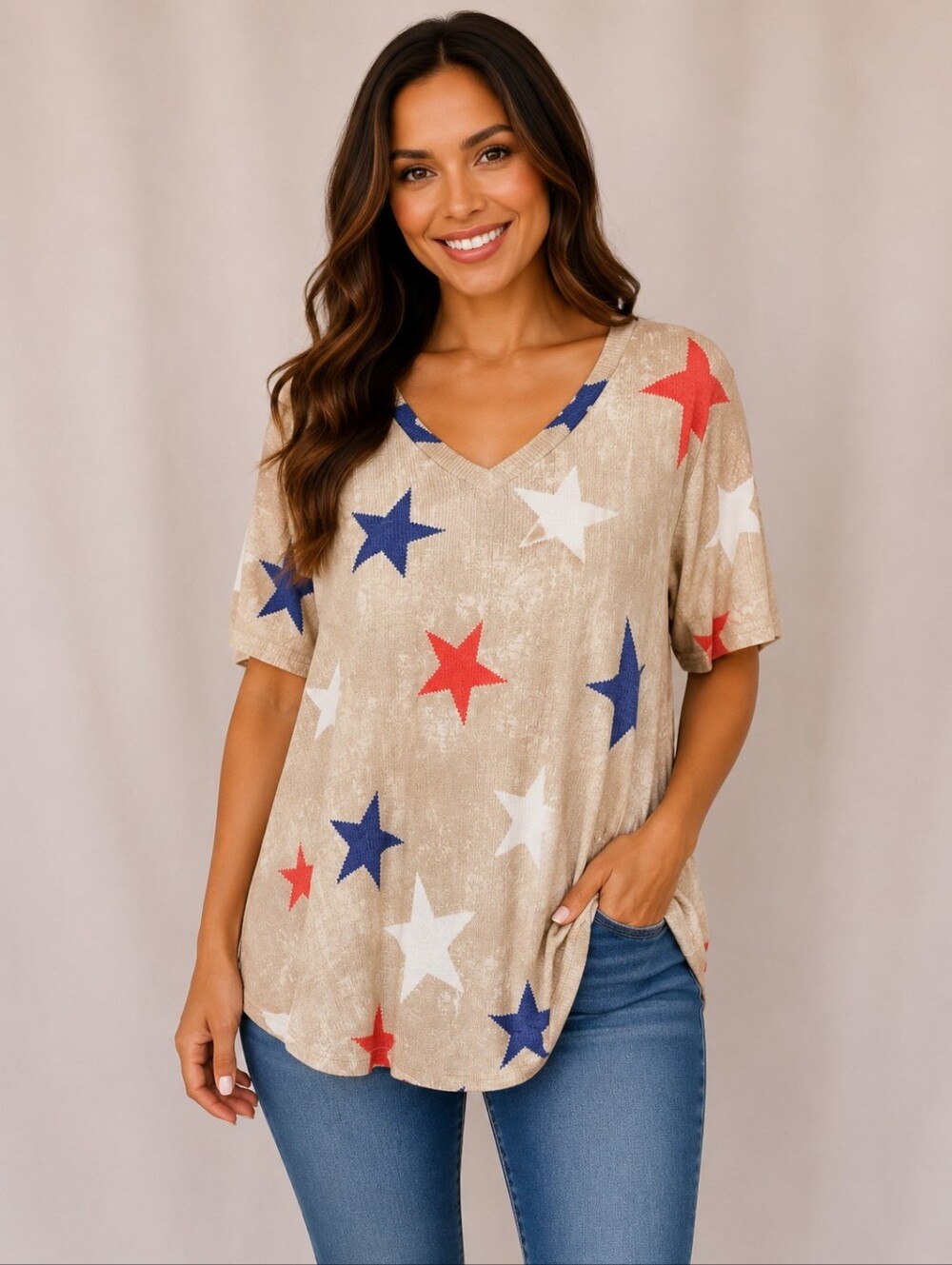 Beige Star V‑Neck Tunic Top with Red, White & Blue Stars